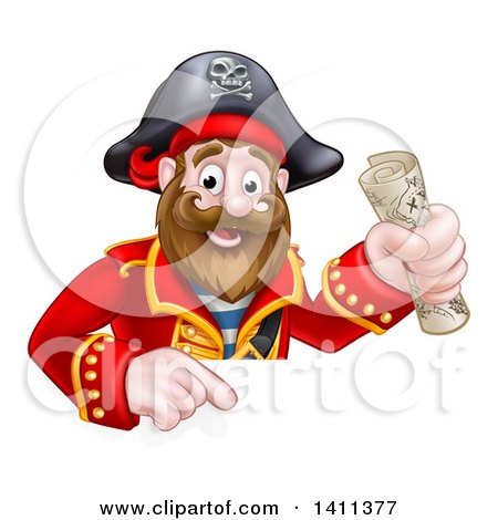 Clipart of a Happy Male Pirate Captain Holding a Treasure Map and Pointing down over a Sign - Royalty Free Vector Illustration by AtStockIllustration