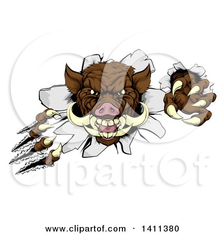 Clipart of a Brown Boar Monster Slashing Through a Wall - Royalty Free Vector Illustration by AtStockIllustration