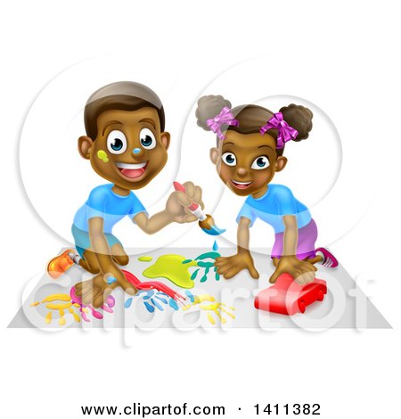 Clipart of a Happy Black Girl Playing with a Toy Car and Boy Painting - Royalty Free Vector Illustration by AtStockIllustration