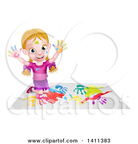 Clipart of a Cartoon Happy White Girl Kneeling on Paper and and Painting - Royalty Free Vector Illustration by AtStockIllustration