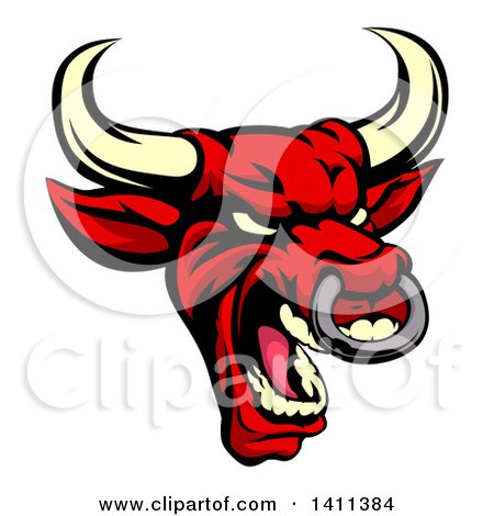 Clipart of a Demonic Roaring Red Bull Mascot Head - Royalty Free Vector Illustration by AtStockIllustration