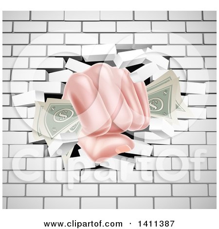 Clipart of a Caucasian Hand Fisted and Holding Cash Money, Breaking Through a White Brick Wall - Royalty Free Vector Illustration by AtStockIllustration