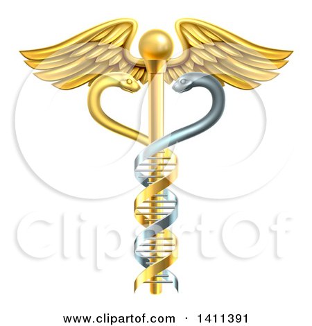 Clipart of a Gold Medical Caduceus with DNA Snakes on a Winged Rod - Royalty Free Vector Illustration by AtStockIllustration