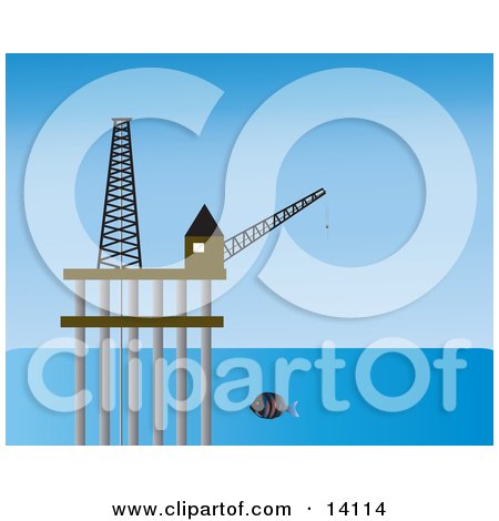 Fish Swimming by an Oil Drilling Platform in the Ocean Clipart Illustration by Rasmussen Images
