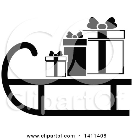 Clipart of a Black and White Sled and Christmas Gift Icon - Royalty Free Vector Illustration by dero