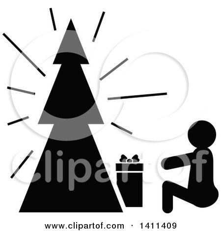 Clipart of a Black and White Christmas Tree, Gift and Person Icon - Royalty Free Vector Illustration by dero