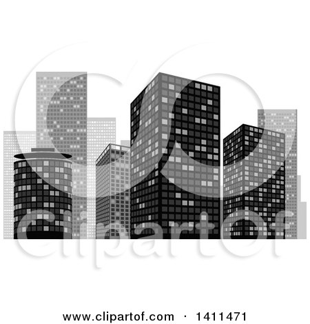 Clipart of a Grayscale Urban City Skyline - Royalty Free Vector Illustration by dero
