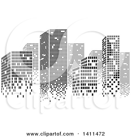 Clipart of a Black and White Urban City Skyline Made of Pixels - Royalty Free Vector Illustration by dero