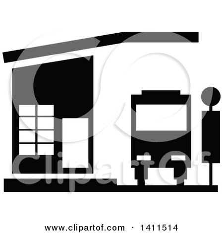 Clipart of a Black and White Bus Stop Building Icon - Royalty Free Vector Illustration by dero