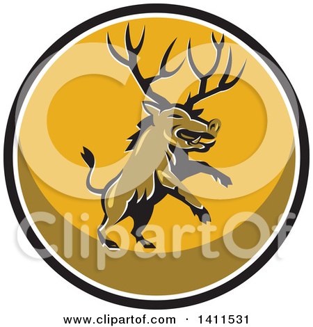 Clipart of a Retro Rearing Razorback Boar Pig Beast with Antlers in a Black White and Yellow Circle - Royalty Free Vector Illustration by patrimonio