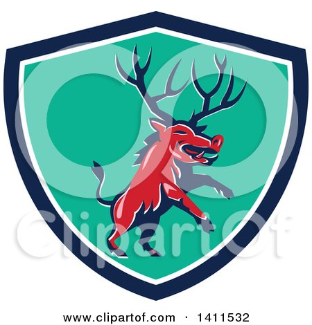 Clipart of a Retro Rearing Razorback Boar Pig Beast with Antlers in a Blue White and Turquoise Shield - Royalty Free Vector Illustration by patrimonio