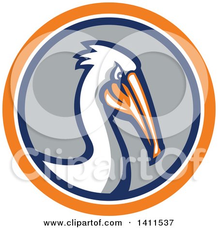 Clipart of a Retro Pelican Bird in an Orange White Blue and Gray Circle - Royalty Free Vector Illustration by patrimonio
