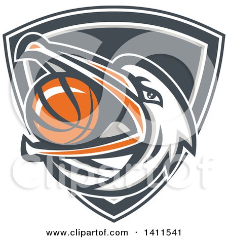 Clipart of a Retro Pelican Bird Holding a Basketball in His Beak, in a Shield - Royalty Free Vector Illustration by patrimonio