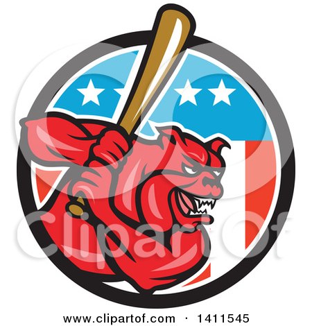 Clipart of a Cartoon Red Bulldog Baseball Player Batting in an American Themed Circle - Royalty Free Vector Illustration by patrimonio