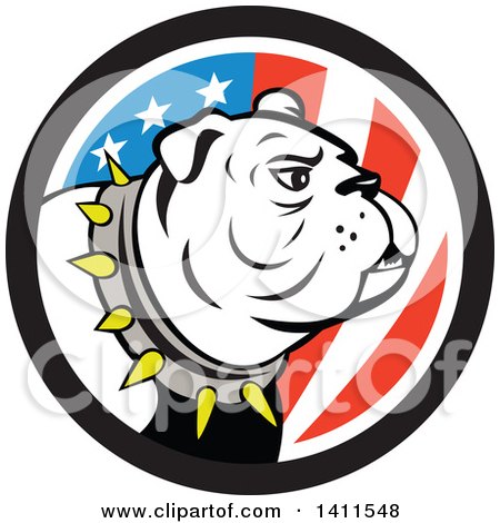 Clipart of a Cartoon White Bulldog Wearing a Spiked Collar in an American Themed Circle - Royalty Free Vector Illustration by patrimonio