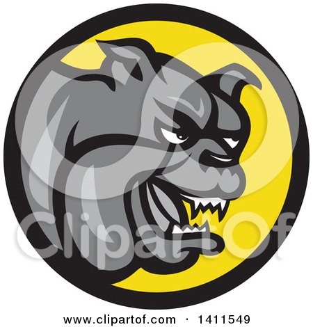 Clipart of a Cartoon Gray Tough Bulldog in a Black and Yellow Circle - Royalty Free Vector Illustration by patrimonio
