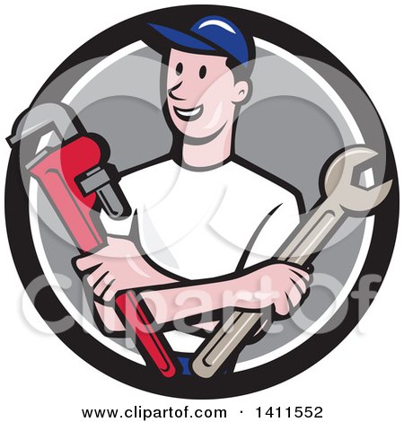 Clipart of a Retro Cartoon White Male Plumber, Mechanic or Handyman Holding Monkey and Spanner Wrenches in Folded Arms, in a Black White and Gray Circle - Royalty Free Vector Illustration by patrimonio