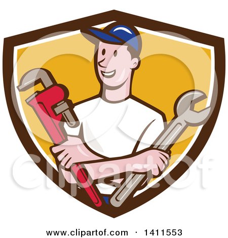 Clipart of a Retro Cartoon White Male Plumber, Mechanic or Handyman Holding Monkey and Spanner Wrenches in Folded Arms in a Brown White and Yellow Shield - Royalty Free Vector Illustration by patrimonio