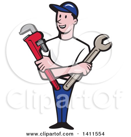 Clipart of a Retro Cartoon White Male Plumber, Mechanic or Handyman Holding Monkey and Spanner Wrenches in Folded Arms - Royalty Free Vector Illustration by patrimonio