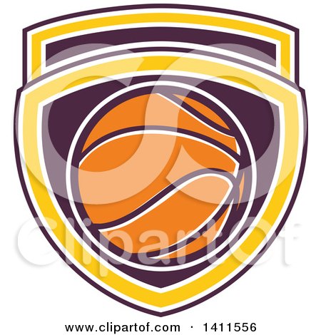 Clipart of a Retro Basketball in a Purple White and Yellow Shield - Royalty Free Vector Illustration by patrimonio