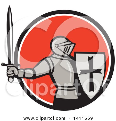 Clipart of a Retro Knight in Full Armor, Holding up a Sword and Shield, Emerging from a Black White and Red-orange Circle - Royalty Free Vector Illustration by patrimonio