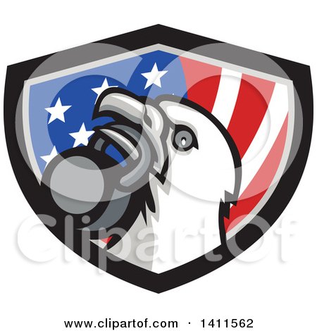Clipart of a Retro Bald Eagle Head Holding a Kettlebell in His Beak over a Patriotic Shield - Royalty Free Vector Illustration by patrimonio