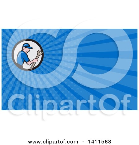 Clipart of a Retro Cartoon White Handy Man or Mechanic Holding a Spanner Wrench and Blue Rays Background or Business Card Design - Royalty Free Illustration by patrimonio