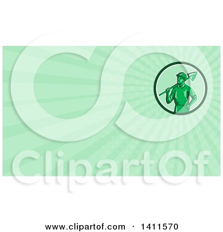Clipart of a Retro Toy Miner Worker Holding a Shovel and Green Rays Background or Business Card Design - Royalty Free Illustration by patrimonio