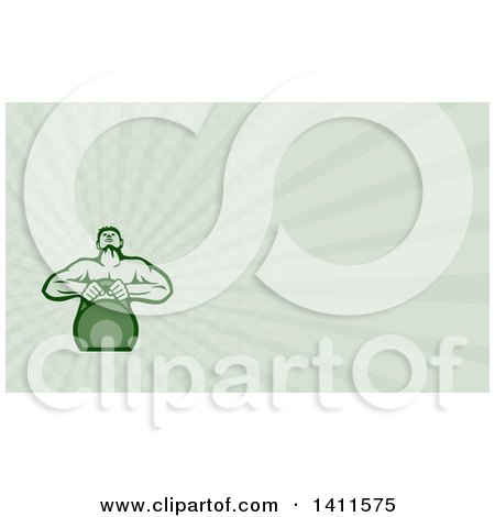 Clipart of a Retro Muscular Male Bodybuilder Athlete Lifting a Kettlebell and Pastel Green Rays Background or Business Card Design - Royalty Free Illustration by patrimonio