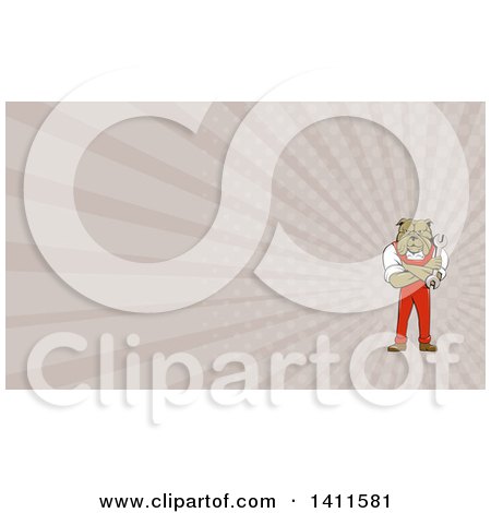 Clipart of a Cartoon Bulldog Man Mechanic with Folded Arms, Holding a Wrench and Rays Background or Business Card Design - Royalty Free Illustration by patrimonio