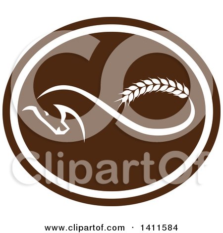 Clipart of a Retro Horse with a Malt Wheat Tail, Forming a Mobius Strip in a Brown and White Oval - Royalty Free Vector Illustration by patrimonio