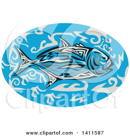 Clipart of a Retro Tribal Art Style Giant Trevally Kingfish in an Oval of Blue Water - Royalty Free Vector Illustration by patrimonio