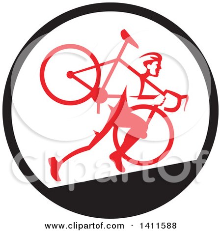 Clipart of a Retro Male Cyclocross Athlete Running and Carrying Bicycle on His Shoulders in a Black White and Red Circle - Royalty Free Vector Illustration by patrimonio