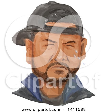 Clipart of a Watercolor African American Man Crying, Wearing a Hat Backwards - Royalty Free Vector Illustration by patrimonio