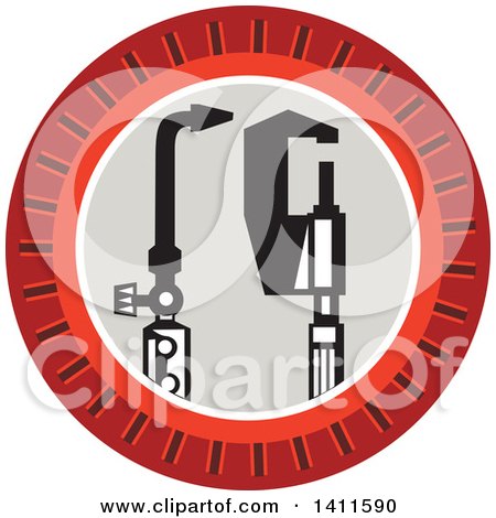 Clipart of a Retro Welding Torch and Caliper in a Notched Circle - Royalty Free Vector Illustration by patrimonio
