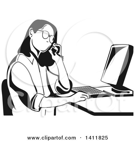 Clipart of a Black and White Woman Talking on a Phone and Working at a Computer Desk - Royalty Free Vector Illustration by David Rey