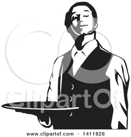 Clipart of a Black and White Formal Male Waiter Holding a Tray - Royalty Free Vector Illustration by David Rey