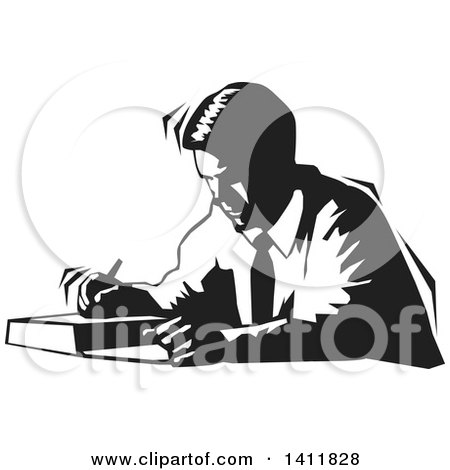 Clipart of a Black and White Male Author Writing - Royalty Free Vector Illustration by David Rey