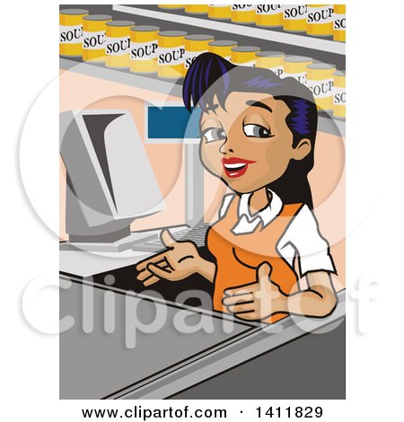 Clipart of a Friendly Hispanic Female Cashier Gesturing - Royalty Free Vector Illustration by David Rey