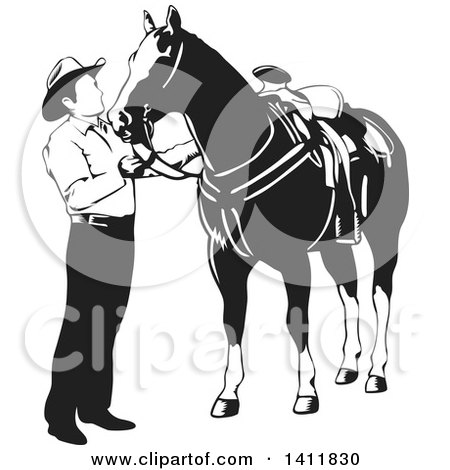 Clipart of a Black and White Cowboy Petting His Horse - Royalty Free Vector Illustration by David Rey