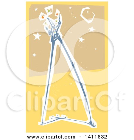 Clipart of a Woodcut Circus Clown Walking on Stilts and Juggling over a Moon and Stars on Yellow - Royalty Free Vector Illustration by xunantunich