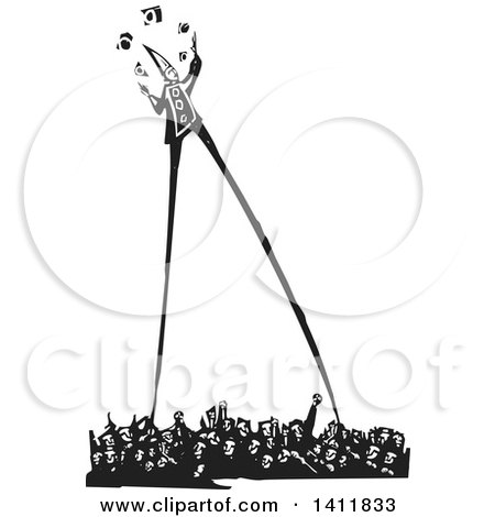 Clipart of a Black and White Woodcut Circus Clown Walking on Stilts and Juggling over an Angry Crowd - Royalty Free Vector Illustration by xunantunich