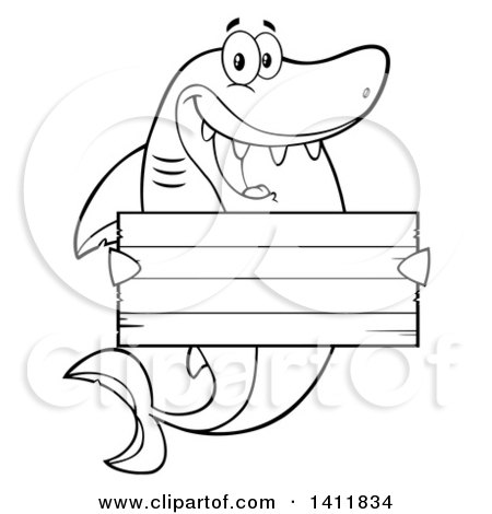 Clipart of a Cartoon Black and White Lineart Happy Shark Mascot Character Holding a Wooden Sign - Royalty Free Vector Illustration by Hit Toon