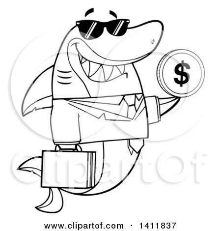 Clipart of a Cartoon Black and White Lineart Business Shark Mascot Character Wearing Sunglasses and Holding a USD Coin - Royalty Free Vector Illustration by Hit Toon