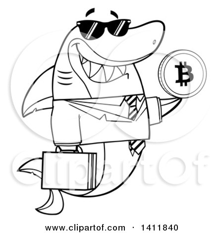 Clipart of a Cartoon Black and White Lineart Happy Business Shark Mascot Character Holding a Goden Bitcoin - Royalty Free Vector Illustration by Hit Toon