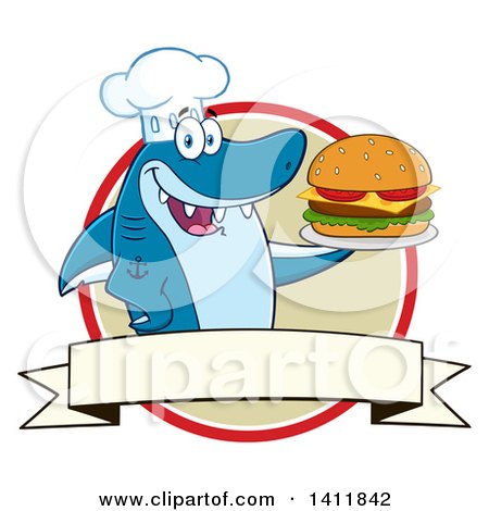 Clipart of a Cartoon Happy Shark Chef Mascot Character Serving a Cheeseburger in a Circle over a Blank Banner - Royalty Free Vector Illustration by Hit Toon