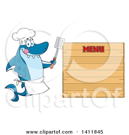 Clipart of a Cartoon Happy Shark Chef Mascot Character by a Wood Menu Sign - Royalty Free Vector Illustration by Hit Toon