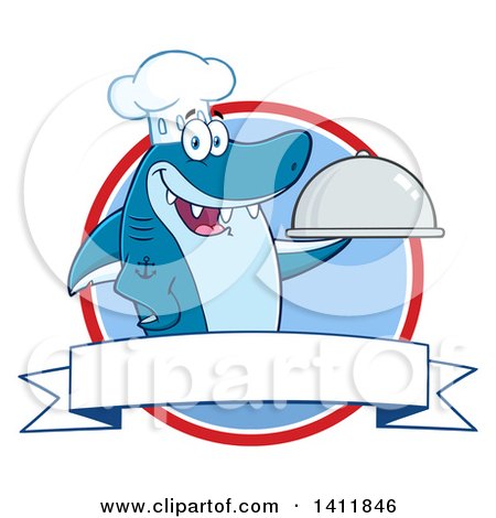 Clipart of a Cartoon Happy Chef Shark Mascot Character Holding a Cloche Platter over a Circle and Blank Banner - Royalty Free Vector Illustration by Hit Toon