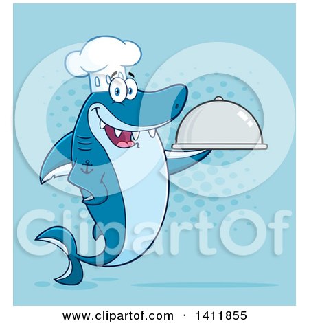 Clipart of a Cartoon Happy Chef Shark Mascot Character Holding a Cloche Platter, over Blue - Royalty Free Vector Illustration by Hit Toon