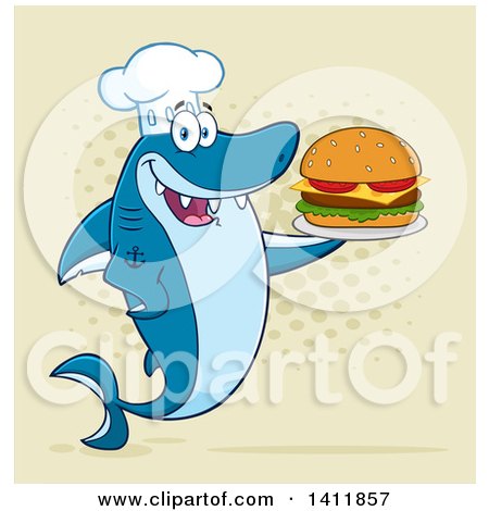 Clipart of a Cartoon Happy Shark Chef Mascot Character Serving a Cheeseburger over Halftone - Royalty Free Vector Illustration by Hit Toon